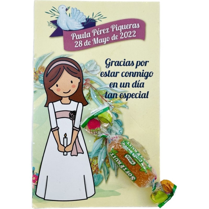 Tarjeta agradecimiento comunion recordatorio con dulce