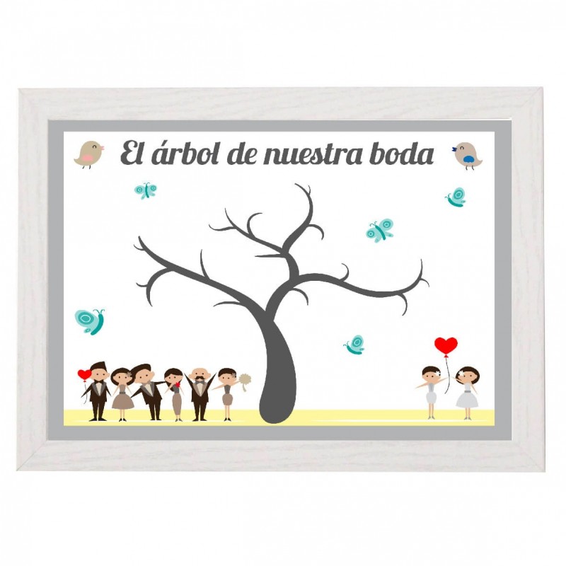 Cuadro con marco y lámina con arbol para dejar las huellas los invitados. Con diseño de dos novias, chicas.